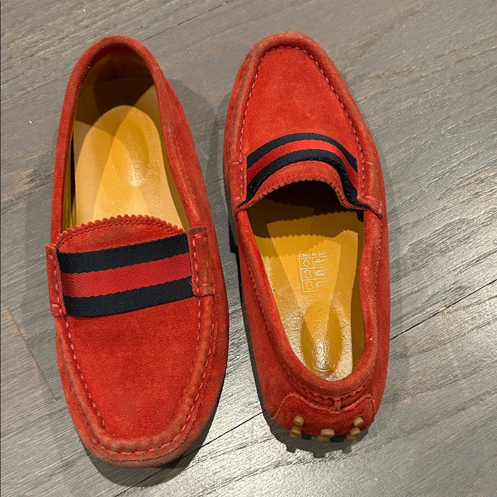 Gucci Kids Red Moccasins with Black Stripes